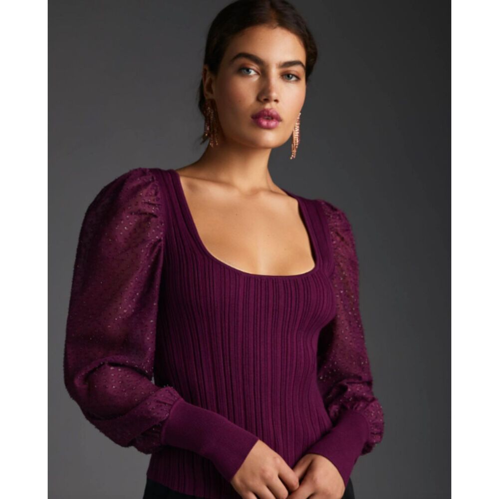 Anthropologie Ribbed Knit Top Sheer Shimmer Puff Sleeves Plum Romantic Women XS